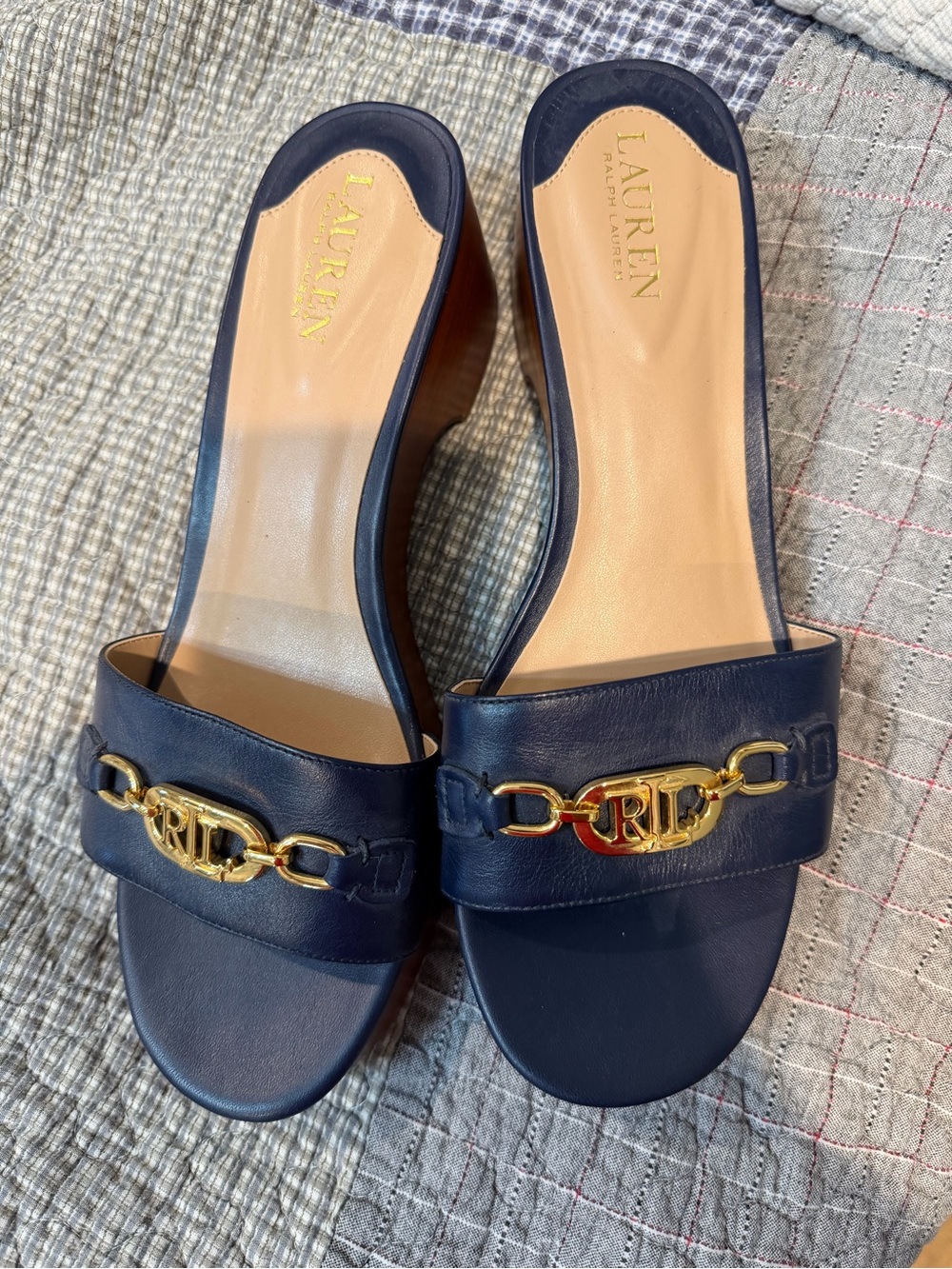 Ralph Lauren Women’s Navy Leather Slide Mules with Gold RL Chain size 11